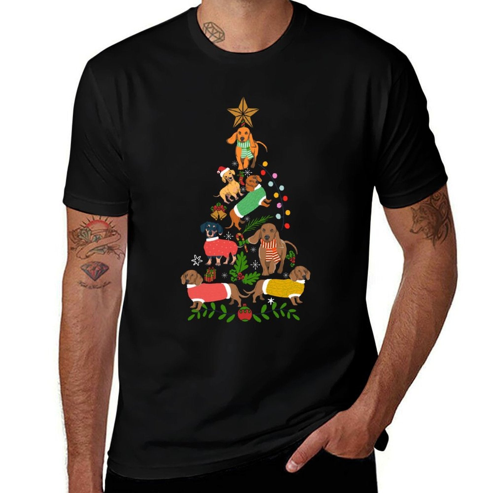 Cute Christmas Dachshund Tree Clothes Dog Lover Holiday Gift  Fade-proof Color T-Shirt