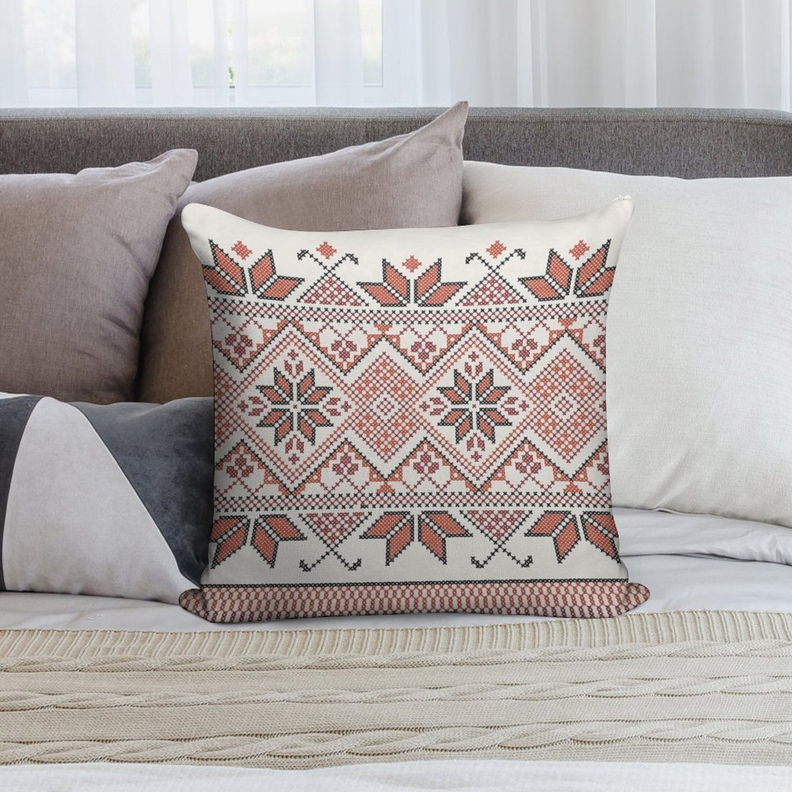 Palestinian Jordanian Tatreez Cross Stitch Realistic Traditional Embroidery Pattern Design #4 Soft Decorative Cover Throw Pillow