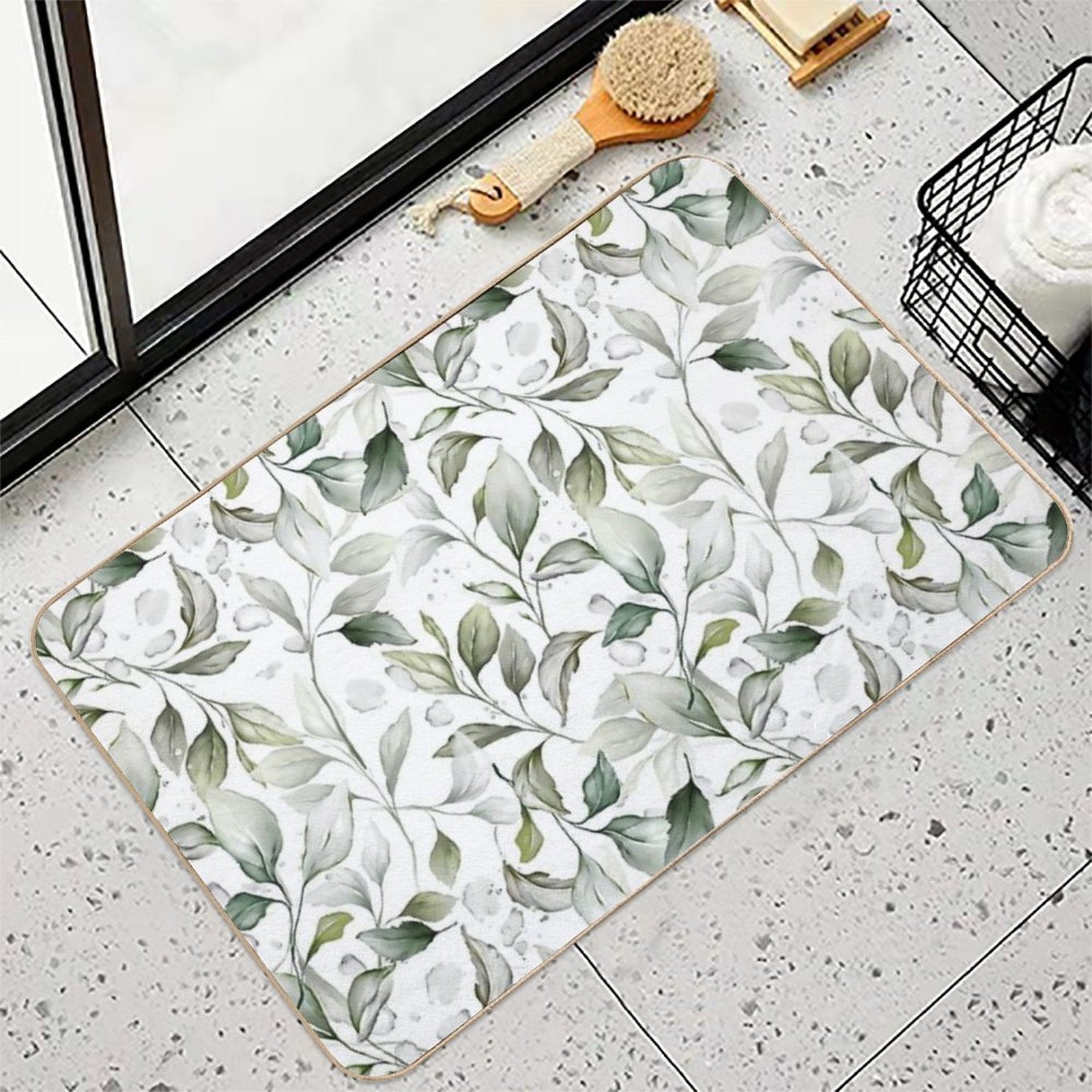 Elegant Watercolor Leaf Design on White Background  Non-Slip Bath Mat