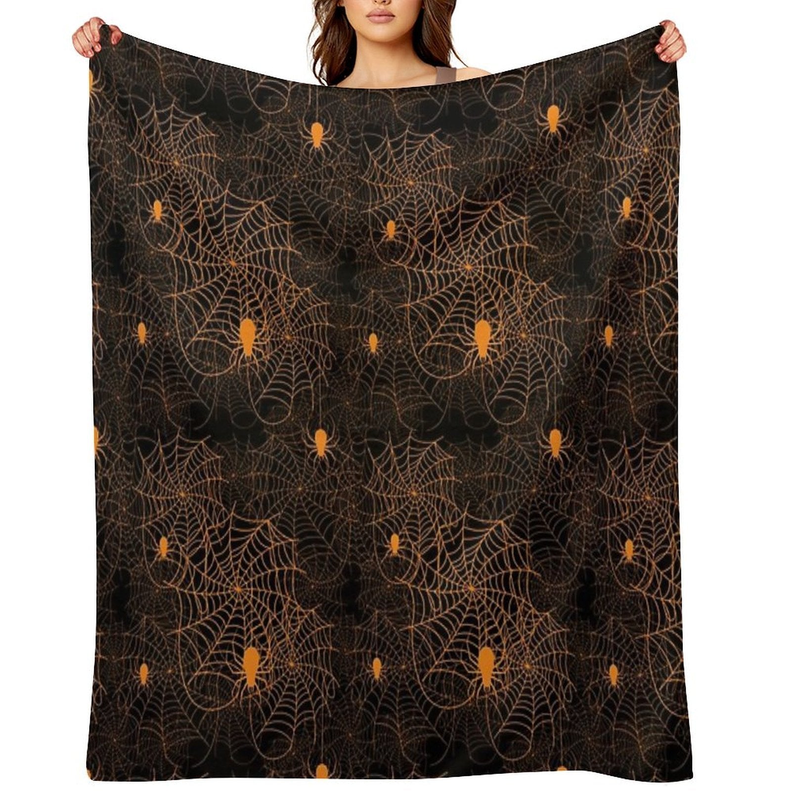 Halloween Spider Web Pattern Orange on Black Machine-washable Throw Blanket