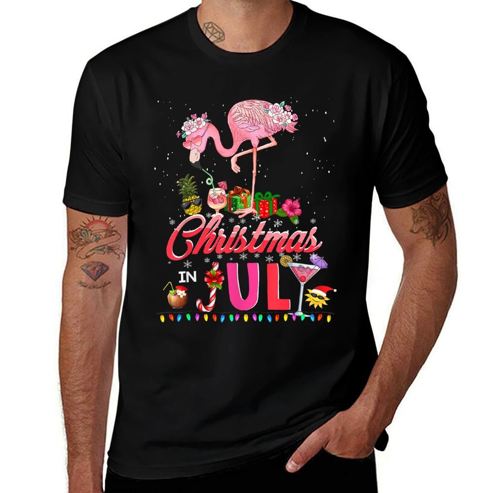 Pink Flamingo in Santa Hat Christmas In Julys Girl Women  Tagless Design T-Shirt