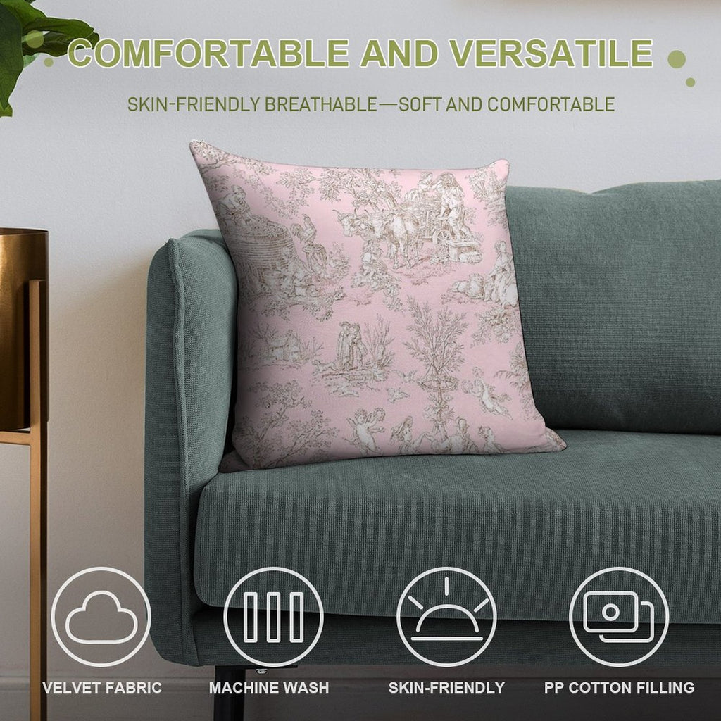 French Country Pink Toile Soft Reinforced Edging Throw Pillow