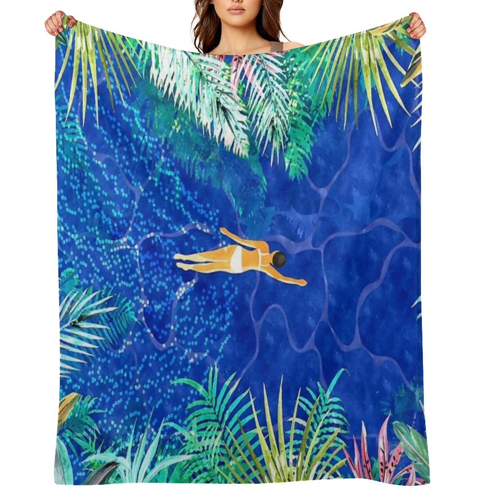 Tropical Jungle Pool  Forest Pop of Color Botanical  Travel Wild Plants Eclectic Watercolor Swim Sustainable Throw Blanket