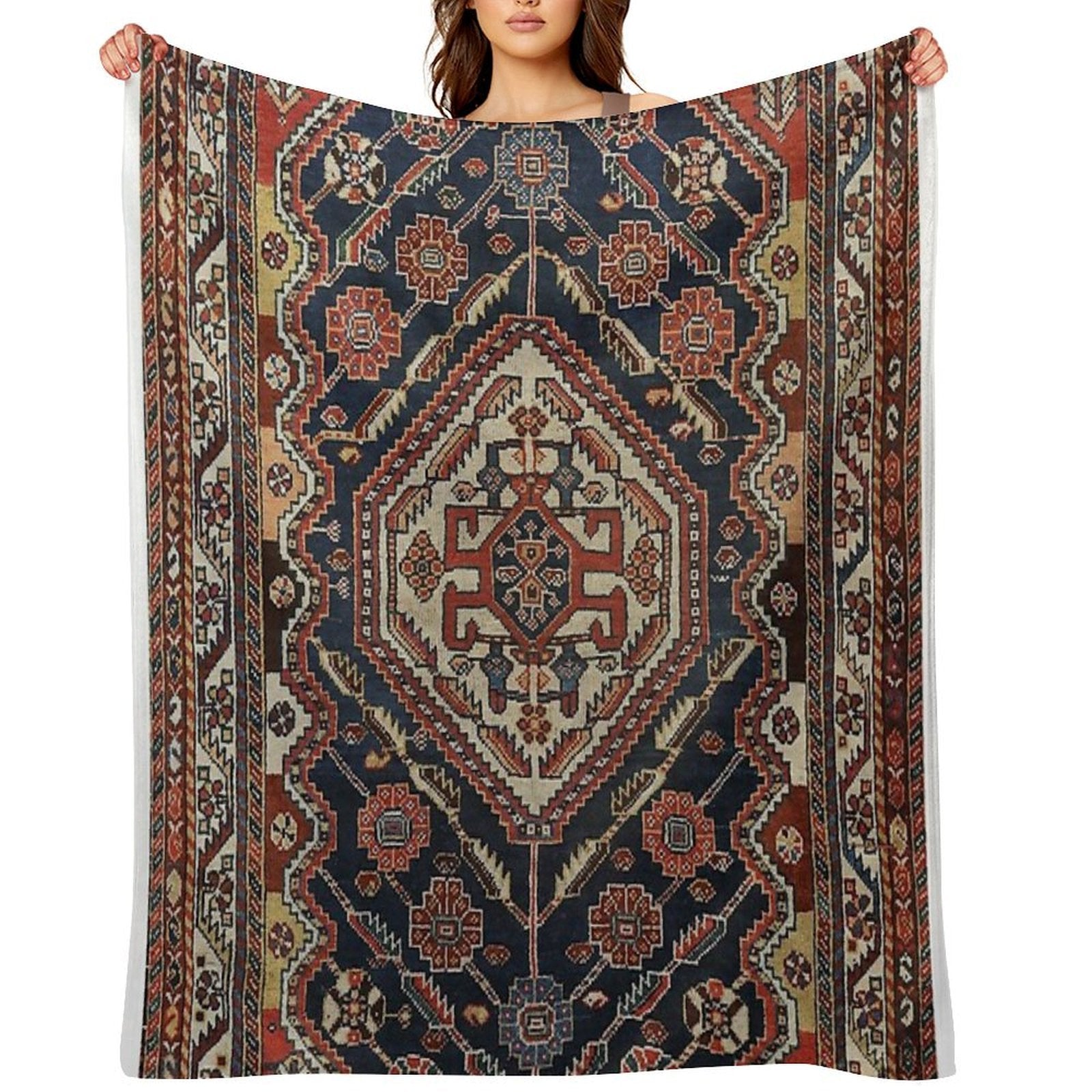 Persian Qashqai Old Century Authentic Colorful Aztec Royal Blue Red Vintage Patterns Easy Care Throw Blanket