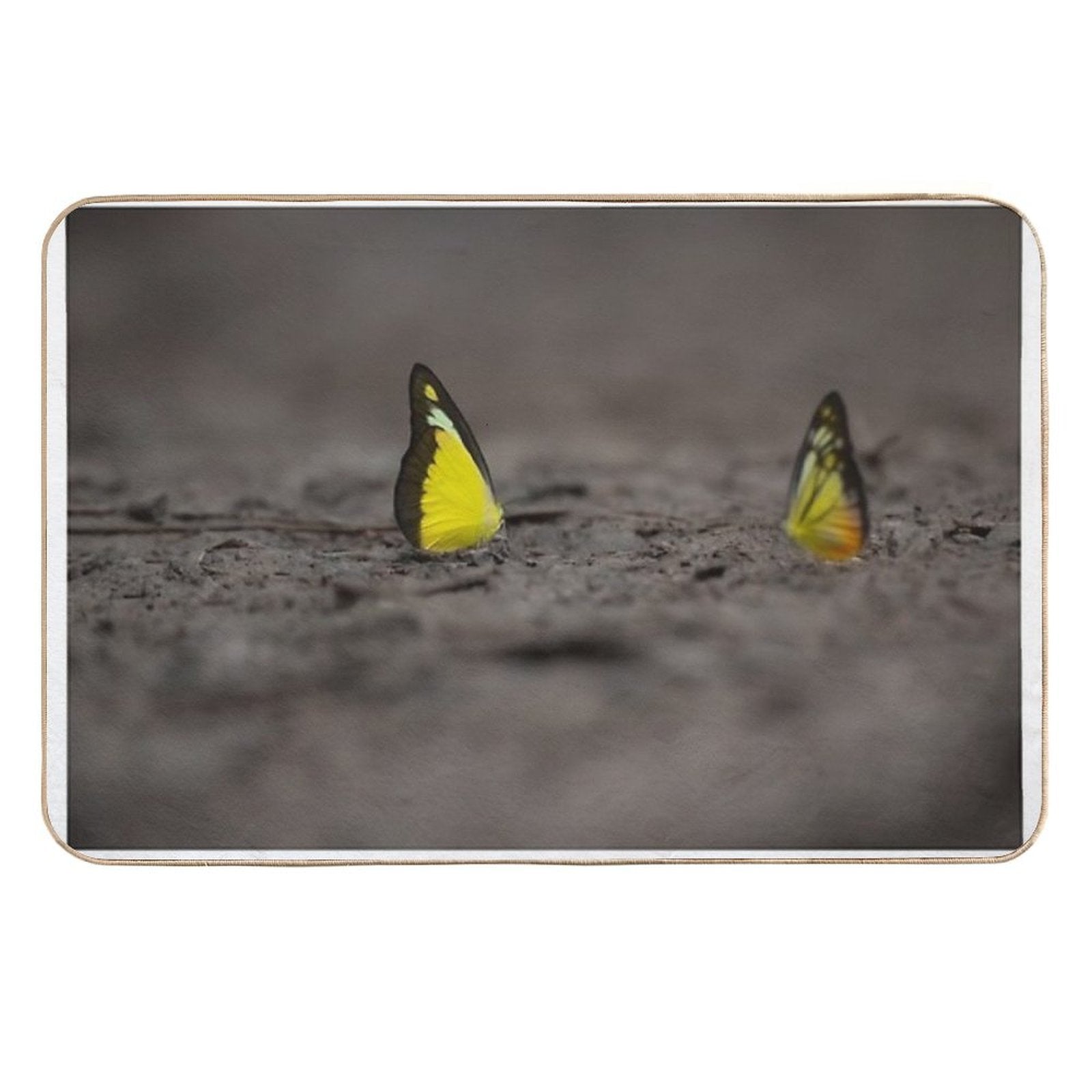 This Image Captures A Brightly Colored Butterfly Settled on Rugged Terrain, Offering A Striking Contrast Between Fragility And R  Versatile Bath Mat