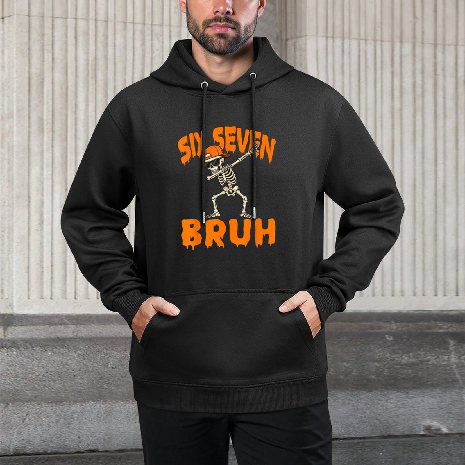 Six Seven Bruh Dabbing Skeleton Funny 67 Meme Halloween Adjustable Hood Hoodie