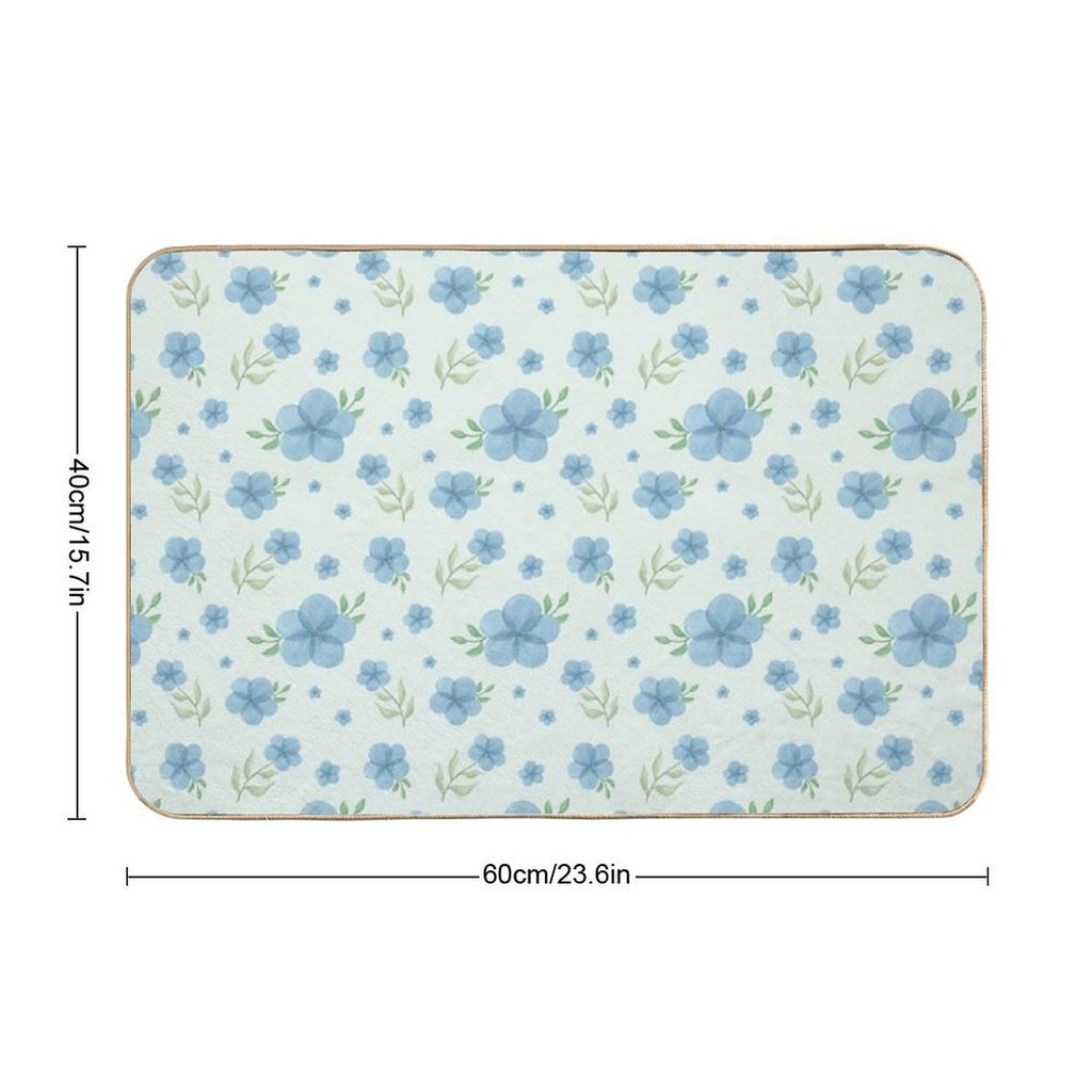 Blue Watercolor Flowers – Soft Green Background Floral Pattern  Non-Slip Bath Mat