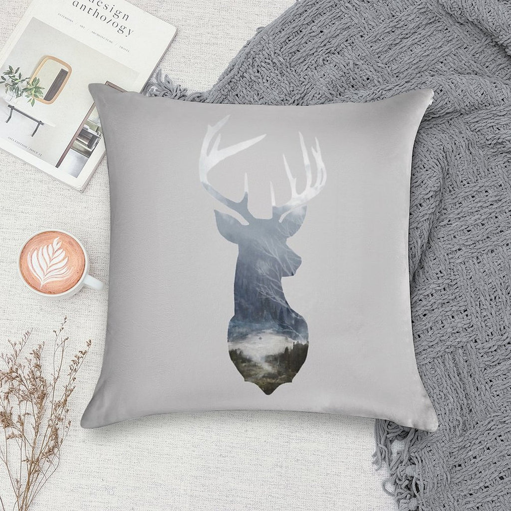 Deer Silhouette in Misty Forest Wild River Scene Soft Washable Throw Pillow