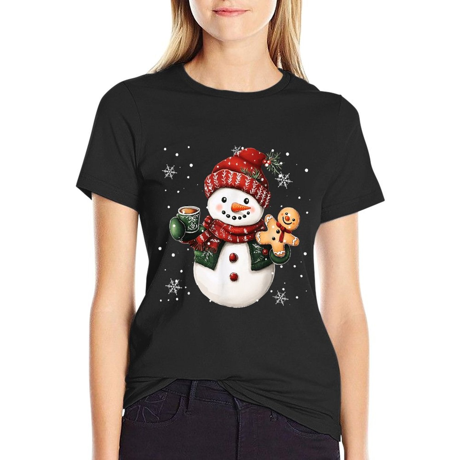 Snowman Beanie Coffee Latte Ginggerbread Merry Christmas  High-quality Stitching T-Shirt