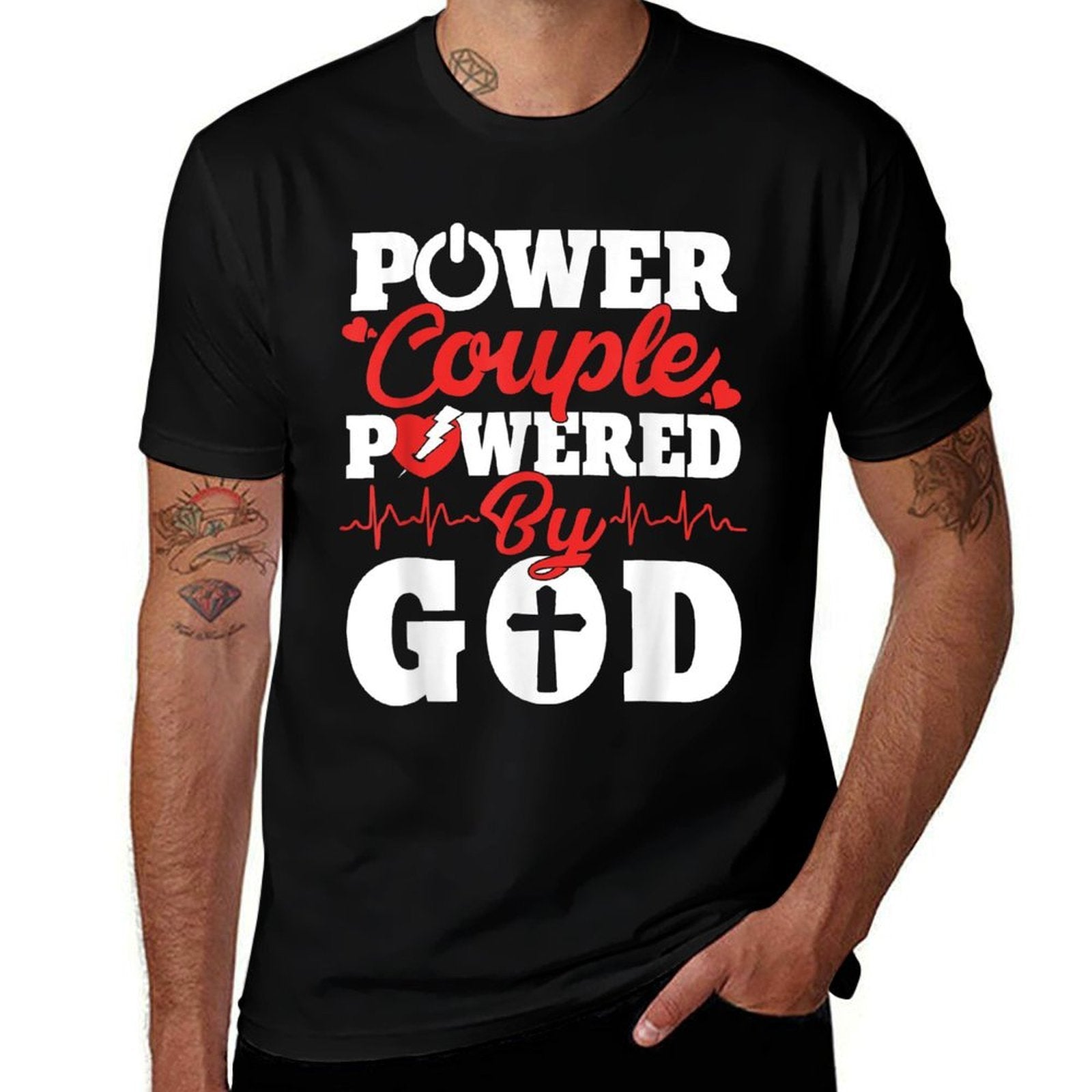 Power Couple Powered By God Christian Couples Matching V-day  High-quality Stitching T-Shirt