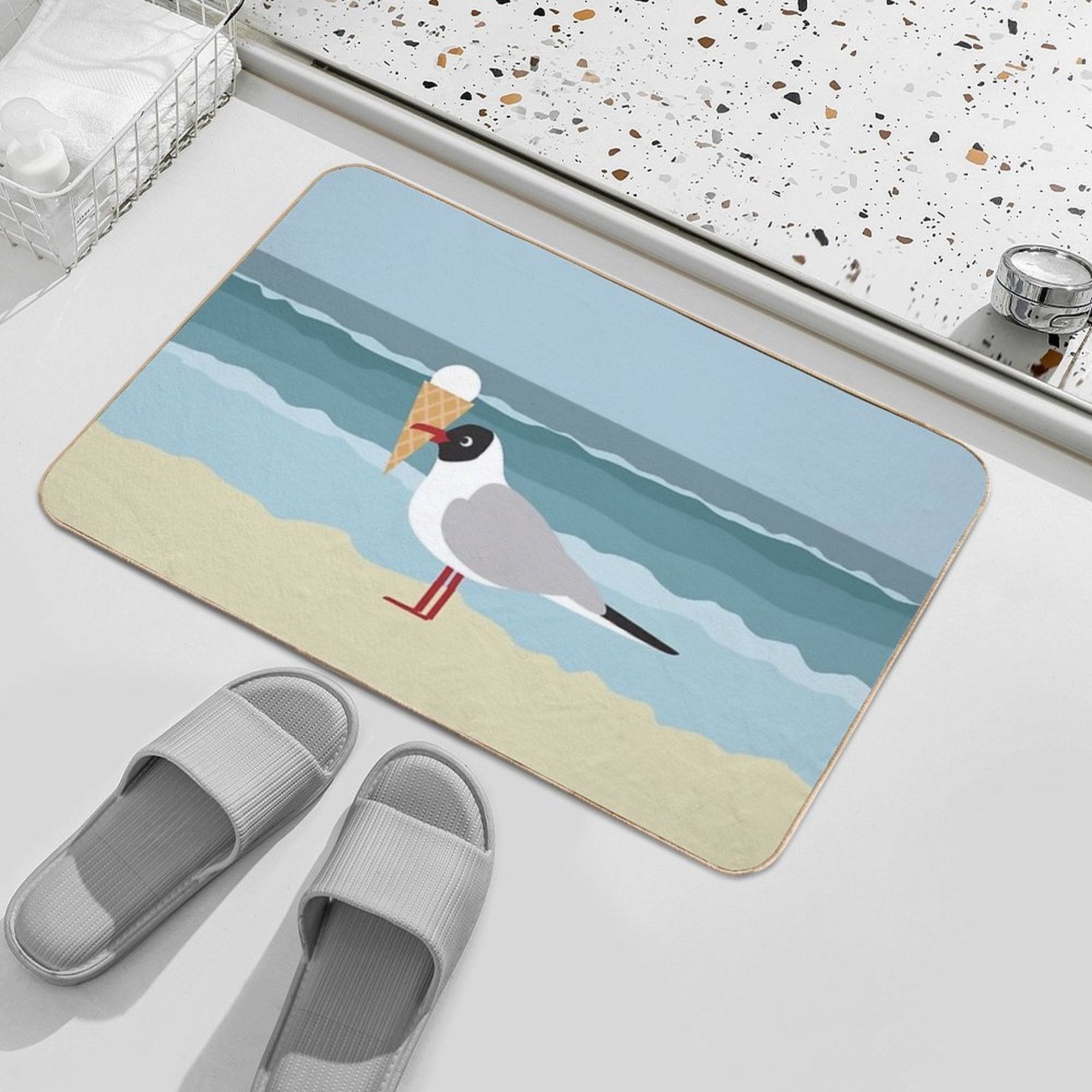Cute Seagull with Ice Cream by The Sea  Absorbent Bath Mat