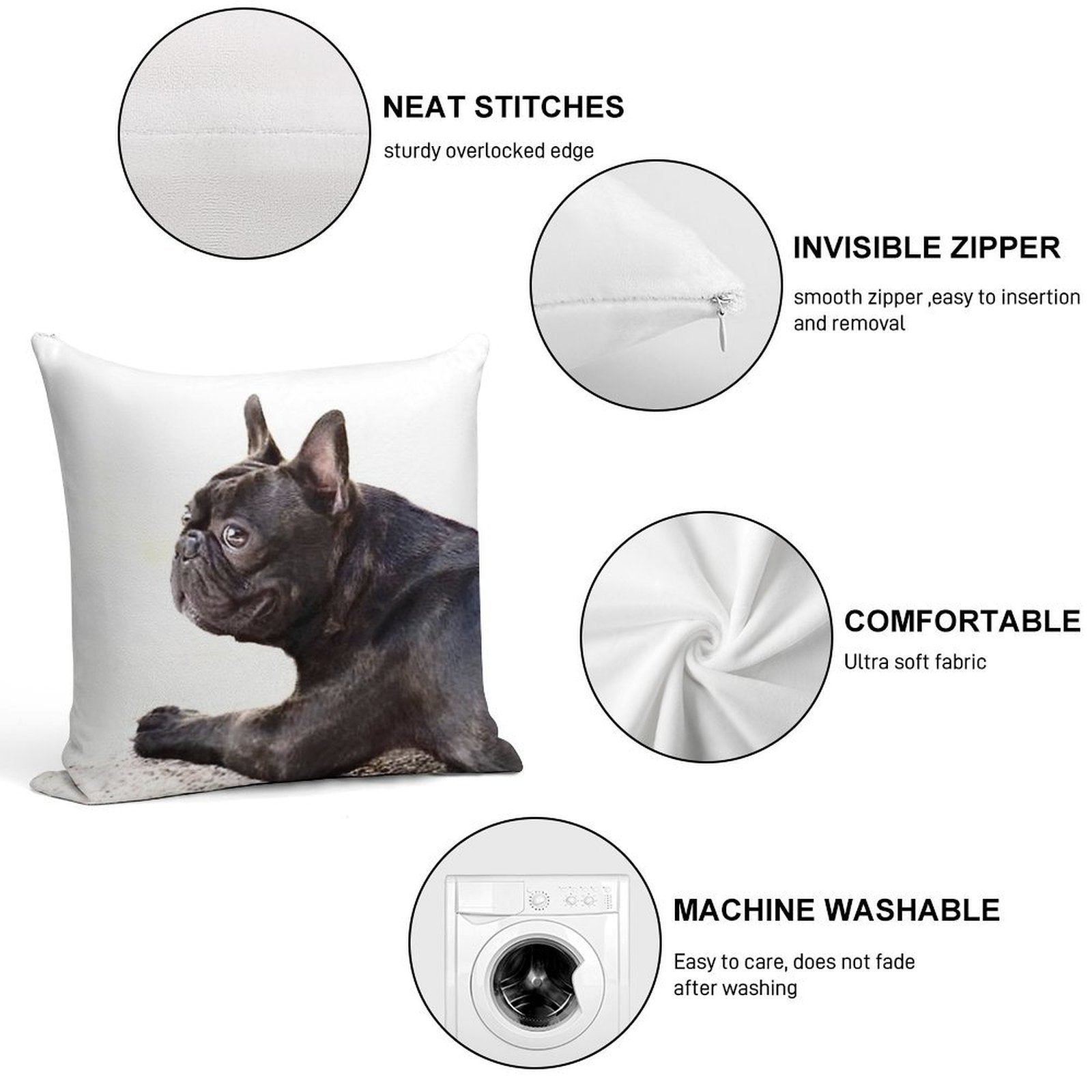 French Bulldog Soft Hidden Zipper Throw Pillow