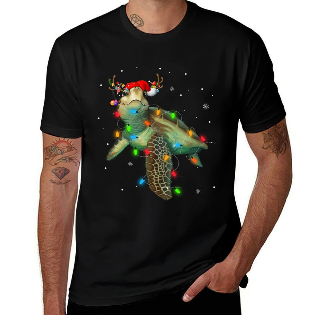 Sea Turtle Christmas Lights Funny Santa Hat Merry Christmas  Trendy Pattern T-Shirt