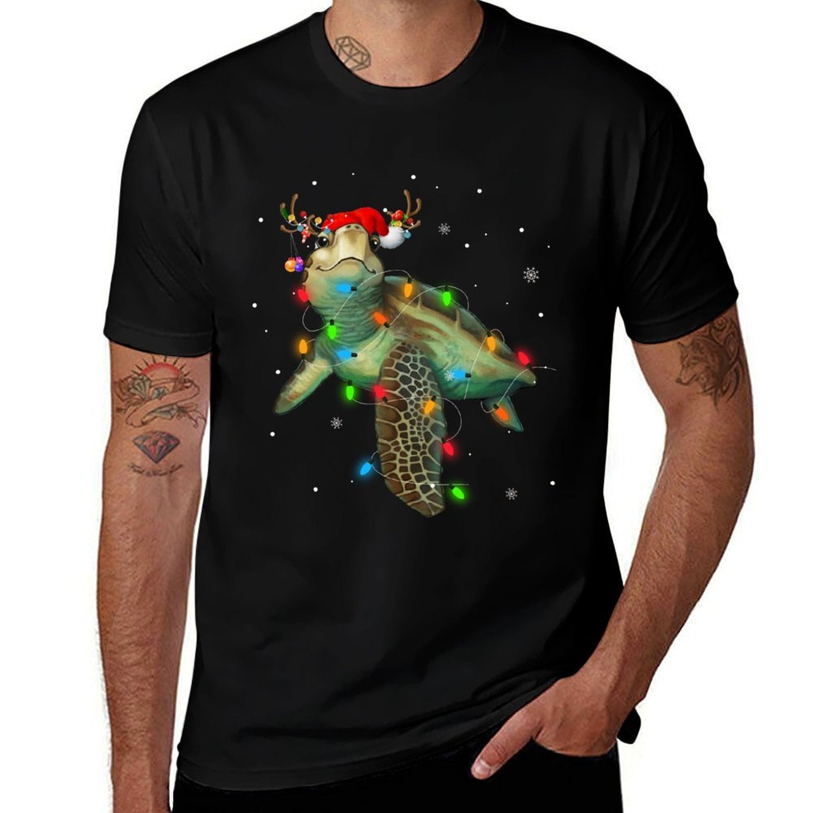 Sea Turtle Christmas Lights Funny Santa Hat Merry Christmas  Trendy Pattern T-Shirt