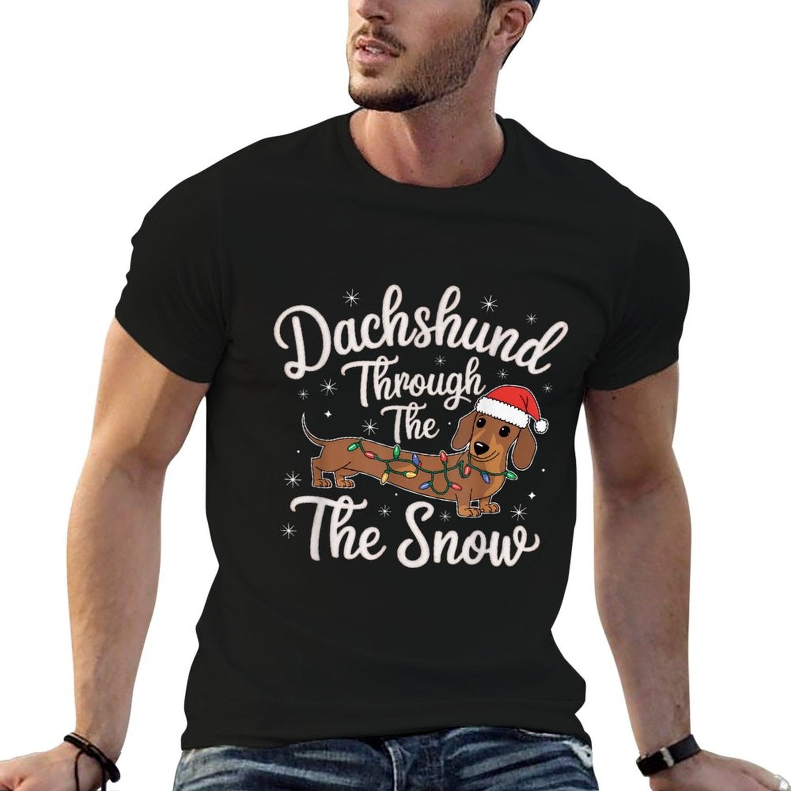 Holiday Dachshund Decor Dachshund Through The Snow Christmas Decor for Dog Lovers Unisex-Adults  Kids Black Small  Oversized Silhouette T-Shirt