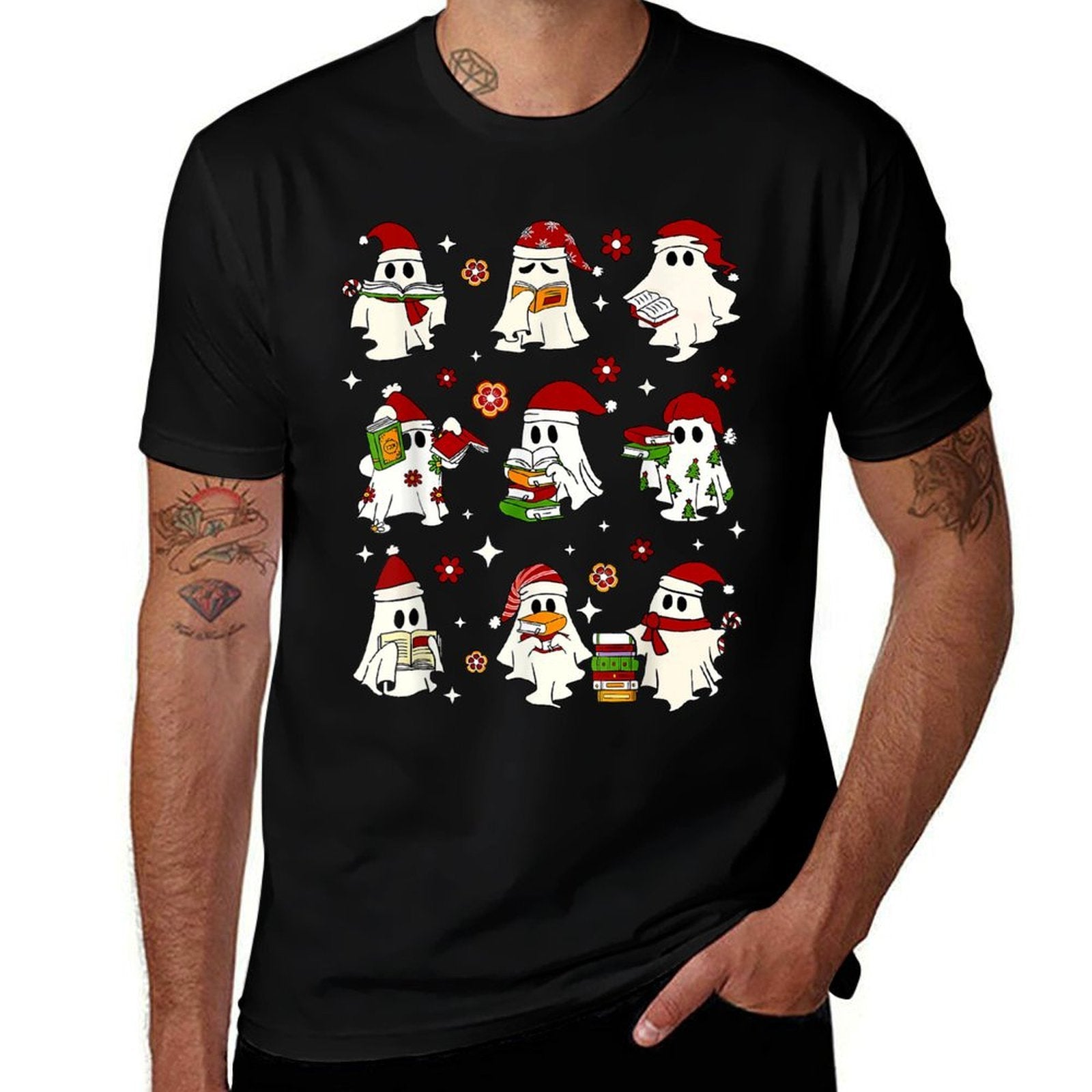 Funny Santa Ghost Reading Books Christmas Library Teacher  High-quality Stitching T-Shirt