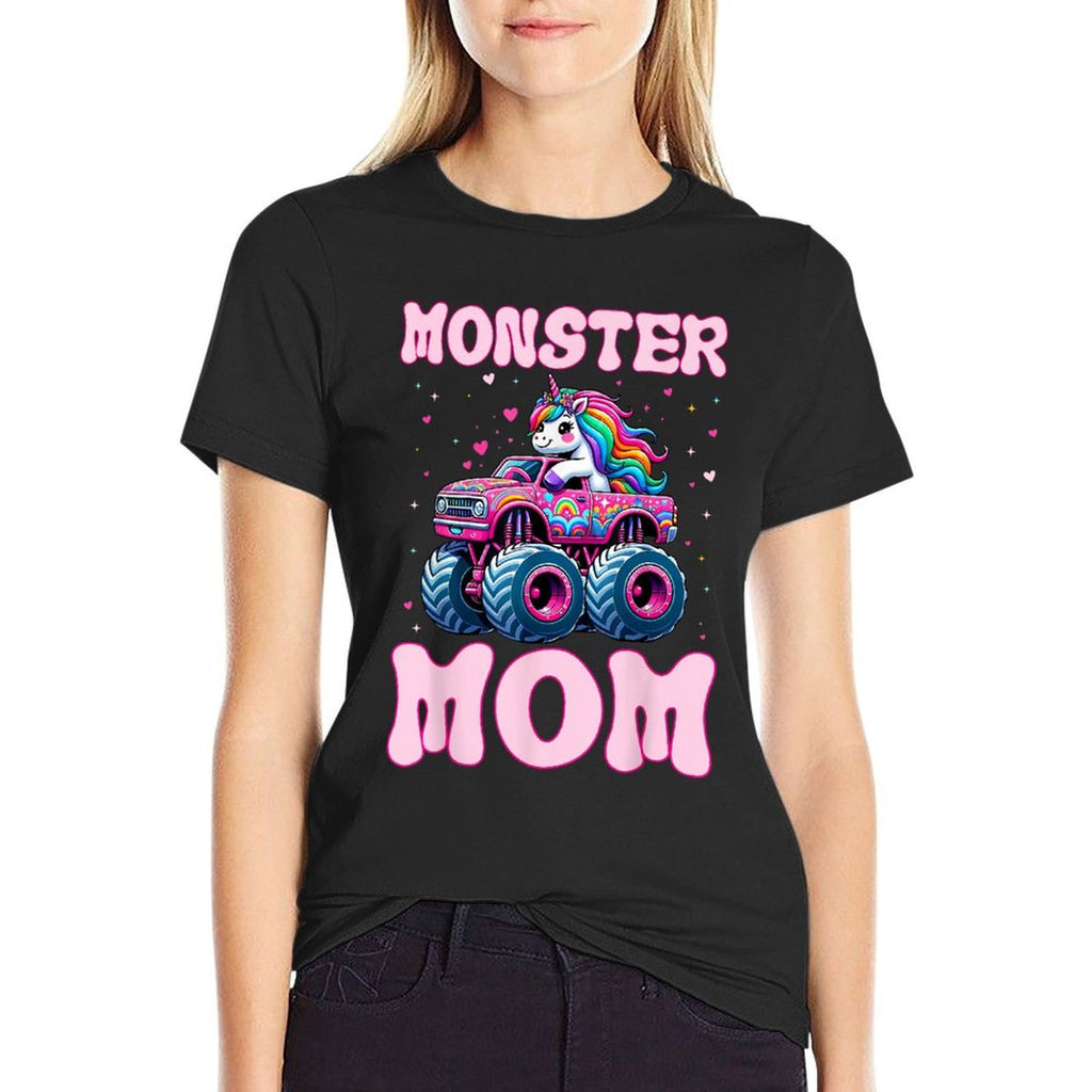 Funny Cute Unicorn Riding A Pink Monster Mom Truck Lovers  Summer-ready Fabric T-Shirt