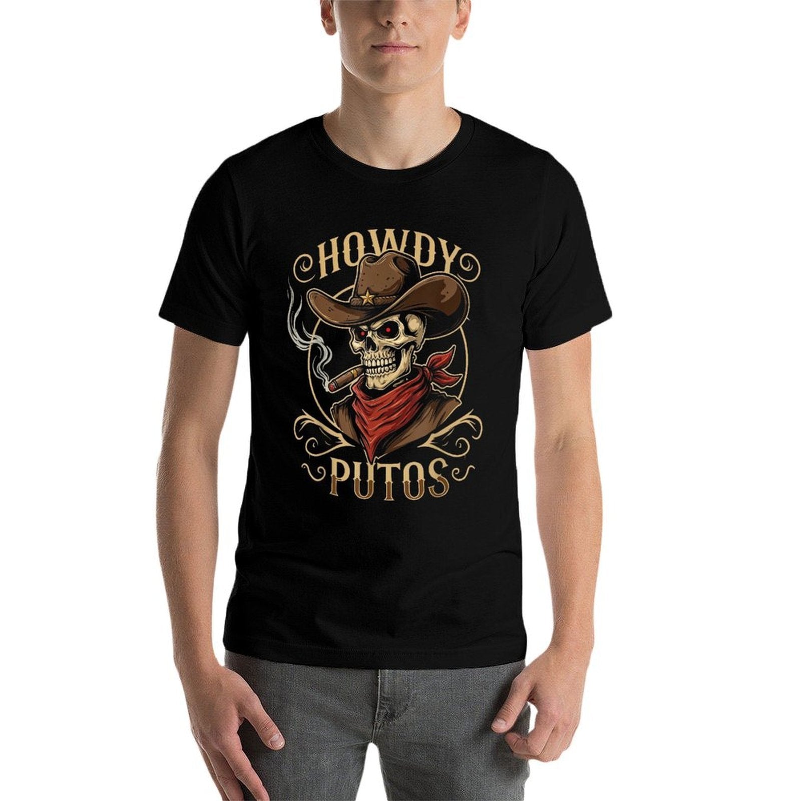 Funny Skull Howdy Putos Spanish Slang, Western Cowboy Skull  High-quality Stitching T-Shirt