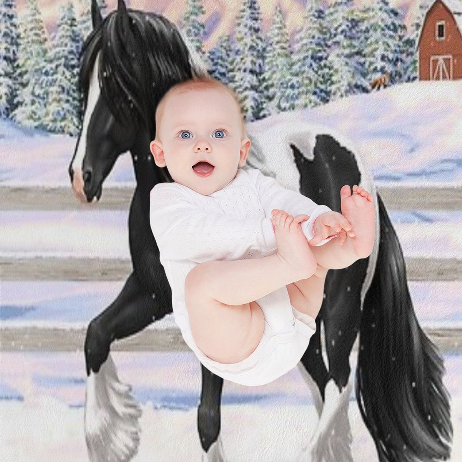 Black Pinto Piebald Gypsy Vanner Draft Horse In Snow Easy Care Throw Blanket