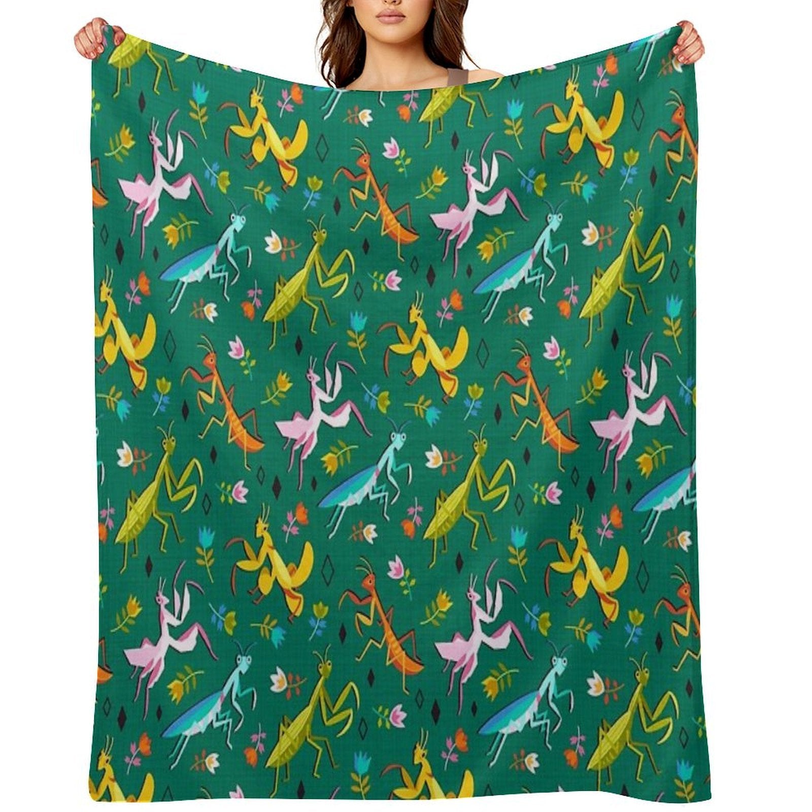 An Unordinary Array of Praying Mantises - Kelly Green Machine-washable Throw Blanket