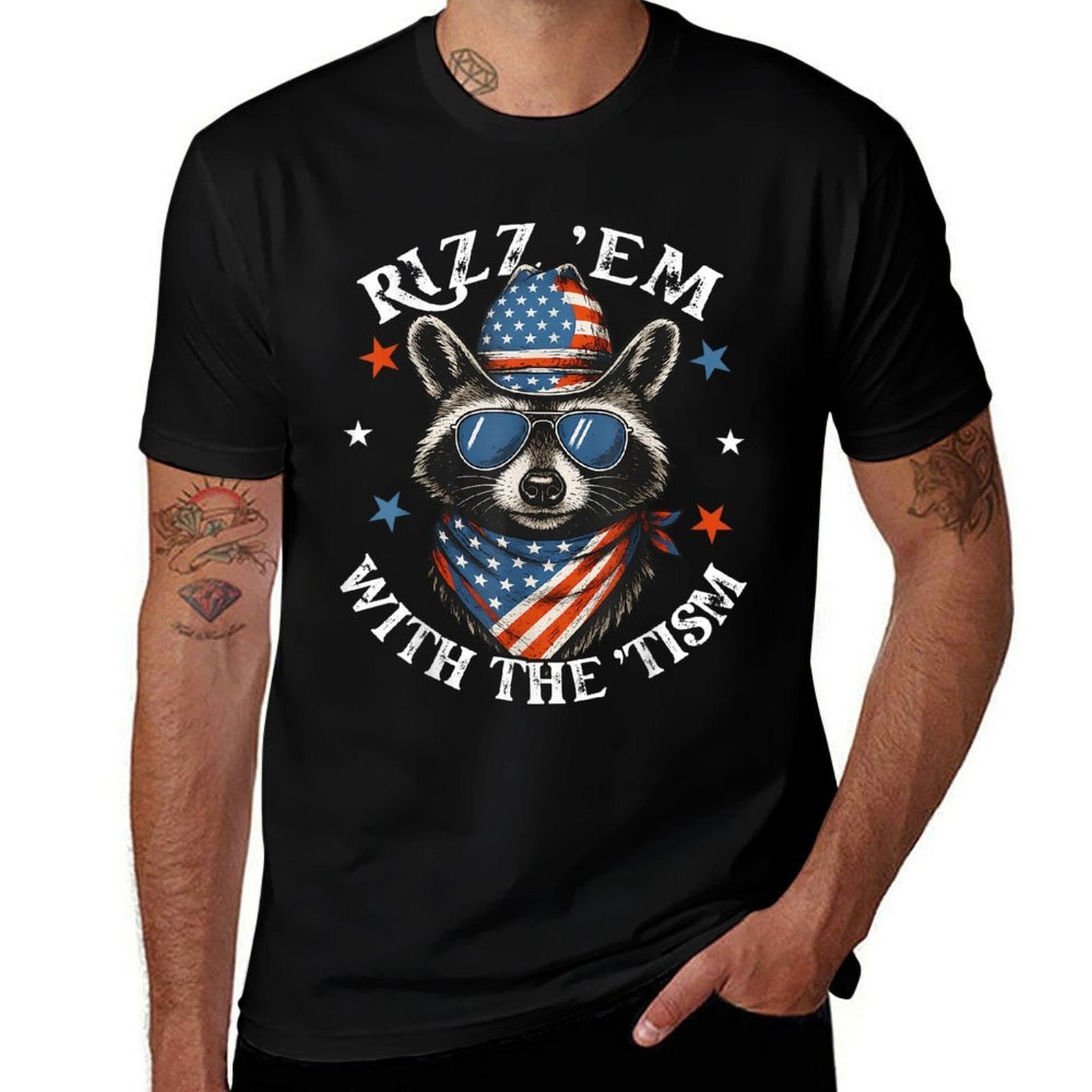 Rizz Em With The Tism Patriotic Raccoon Meme 4th Of July  Rolled Sleeves T-Shirt