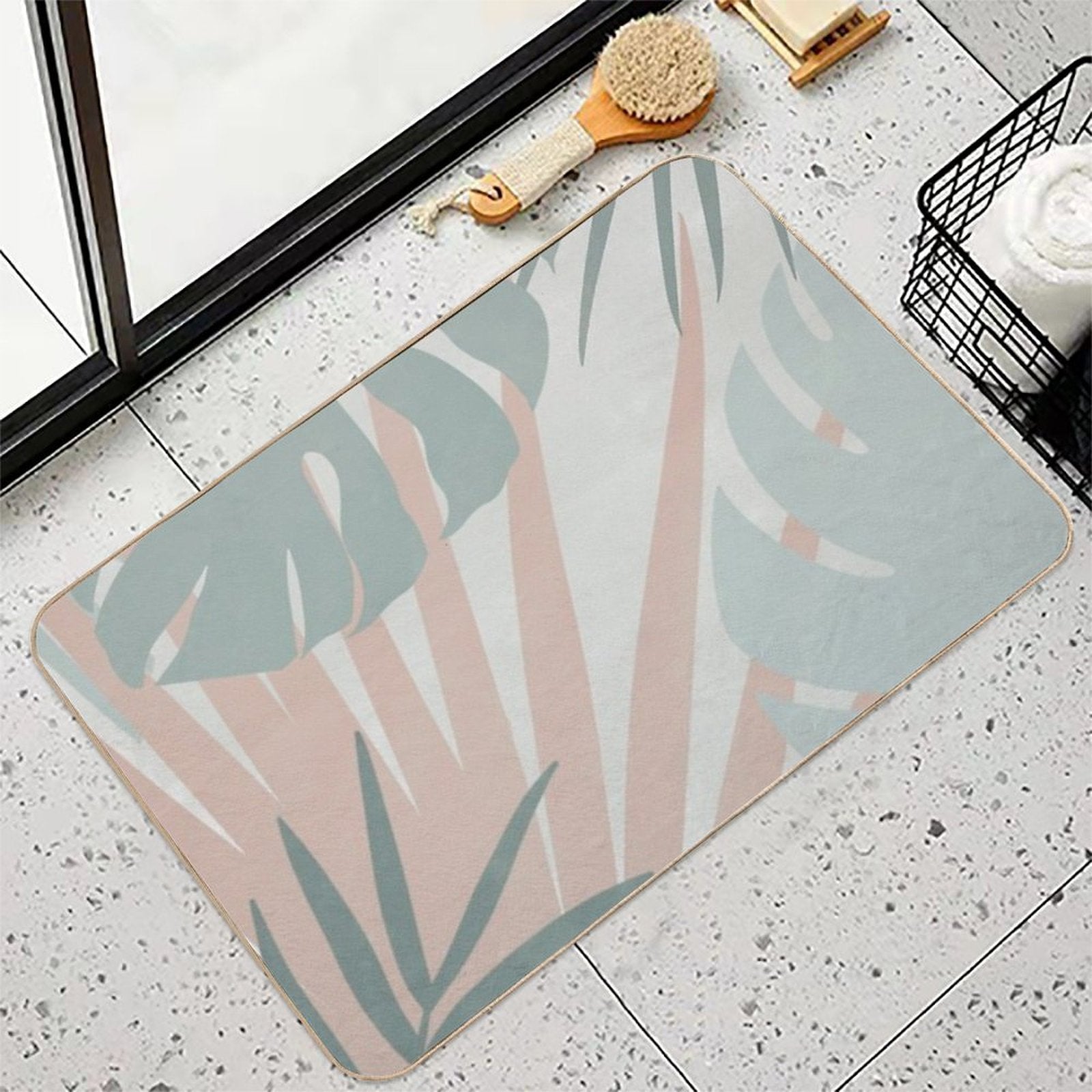 Green And Pink Palm Plant And Monstera Leaf Boho Illustration #1  Long-Lasting Bath Mat
