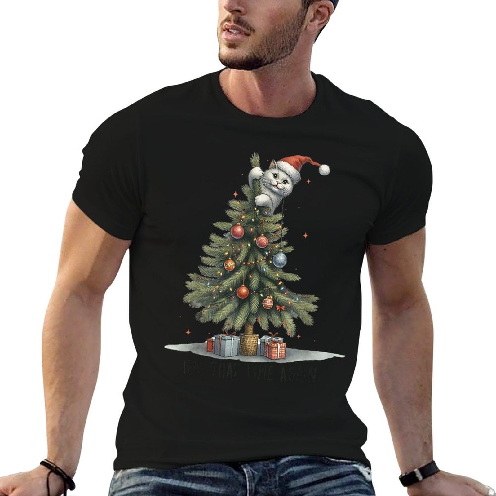 Its That Time Again Funny Cat Christmas Tree Men Women Kids  Eco-friendly Material T-Shirt