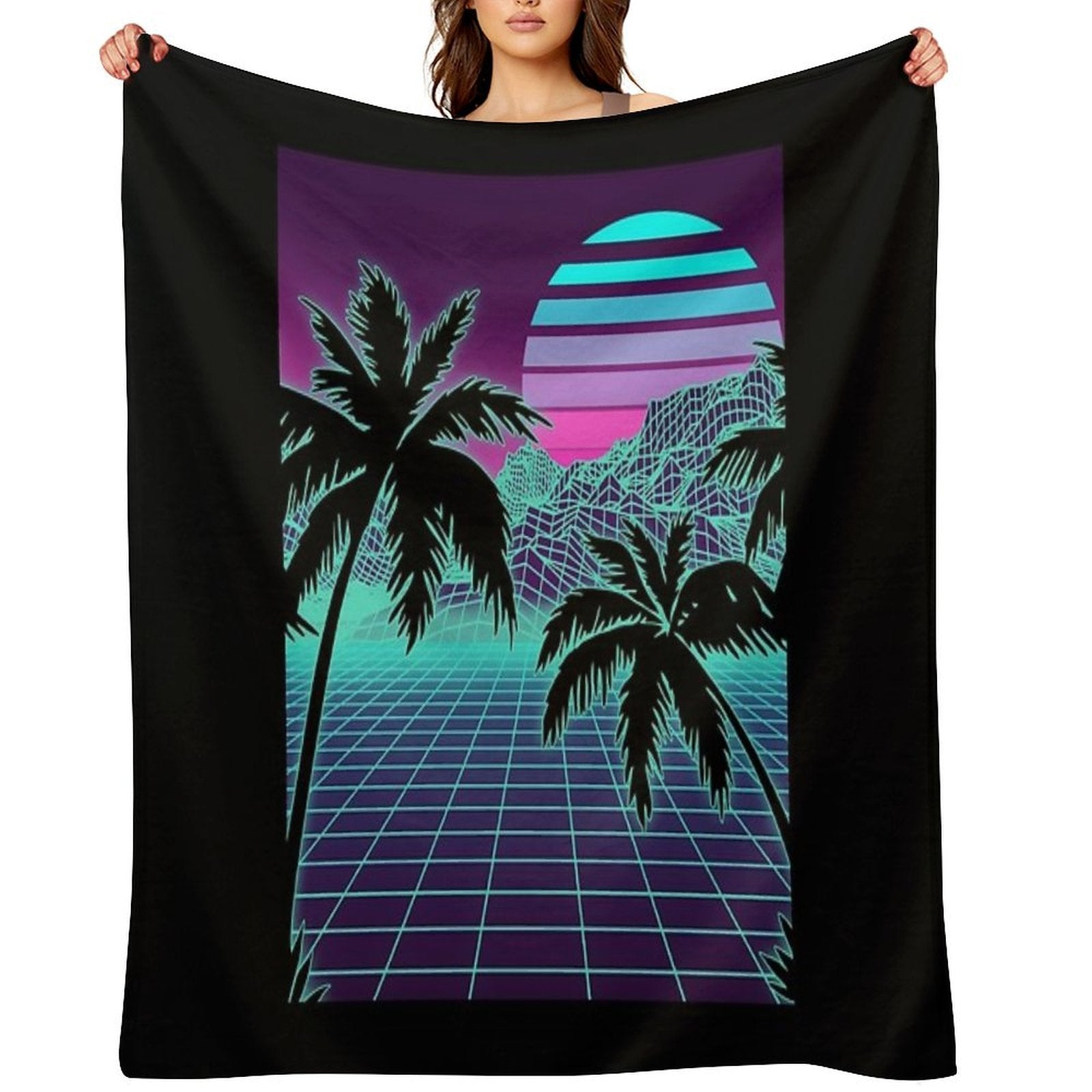 Retro 80s Vaporwave Sunset Sunrise With Outrun Style Grid Print Wrinkle-free Throw Blanket