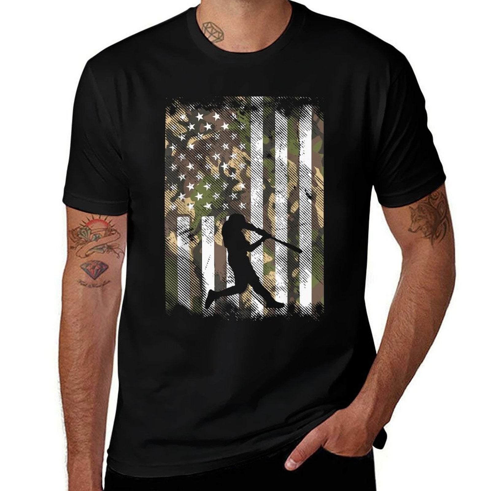 Camo Baseball Player Vintage Patriotic Men Women Kids  Easy-care T-Shirt