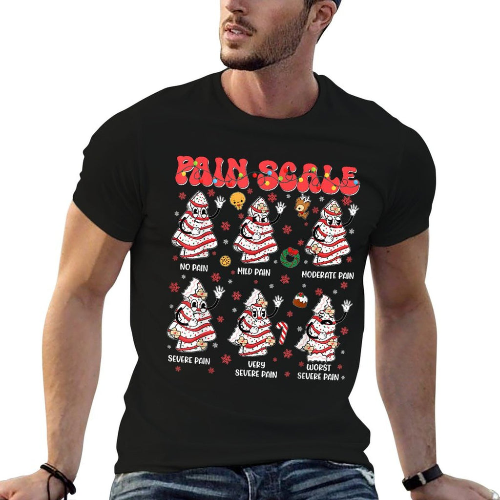Pain Scale Funny Christmas Tree Cake Pjs Pajamas Xmas Nurse  Ribbed Collar T-Shirt