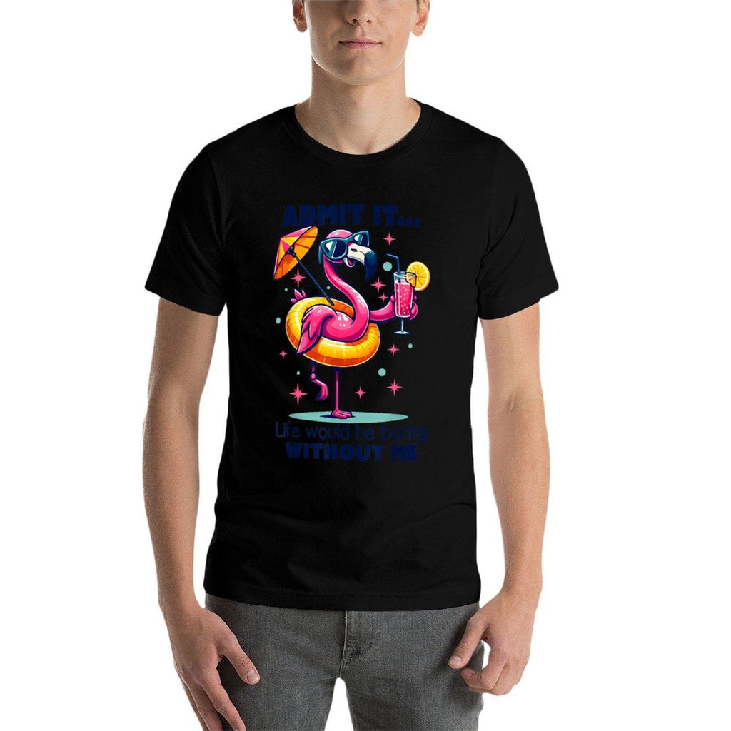 Pink Flamingo Drinking Cocktails Summer Vacation Beach Funny  Relaxed-fit T-Shirt