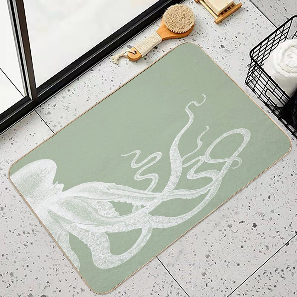 Half Octopus  Right Side  Vintage Octopus  Tentacles  Sea Creatures  Nautical  Ocean  Sea  Beach  Diptych  Sage Green  Stain-Proof Bath Mat