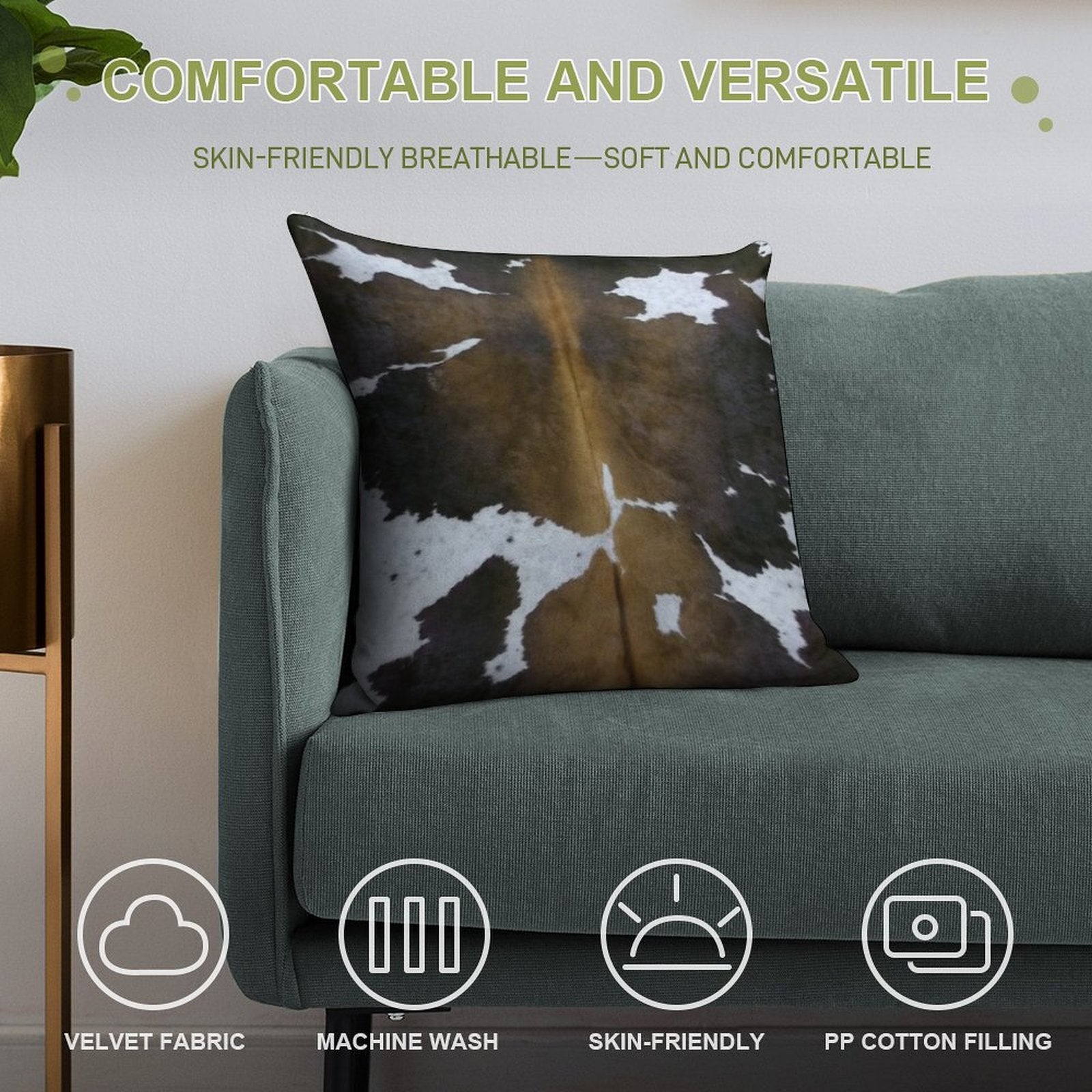 Brown Cowhide Soft Short Plush Fabric Throw Pillow