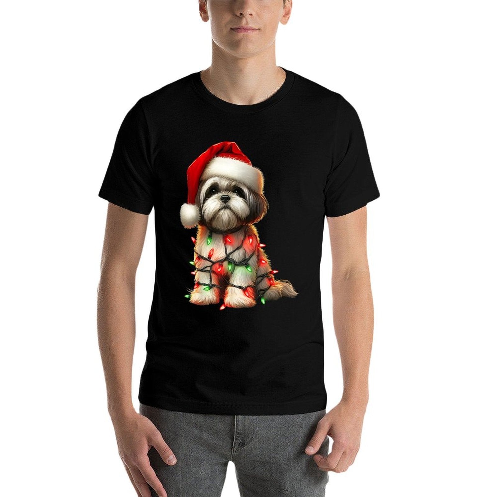 Shih Tzu Dog Christmas Lights Santa Hat Dog Lover  Polyester Blend T-Shirt