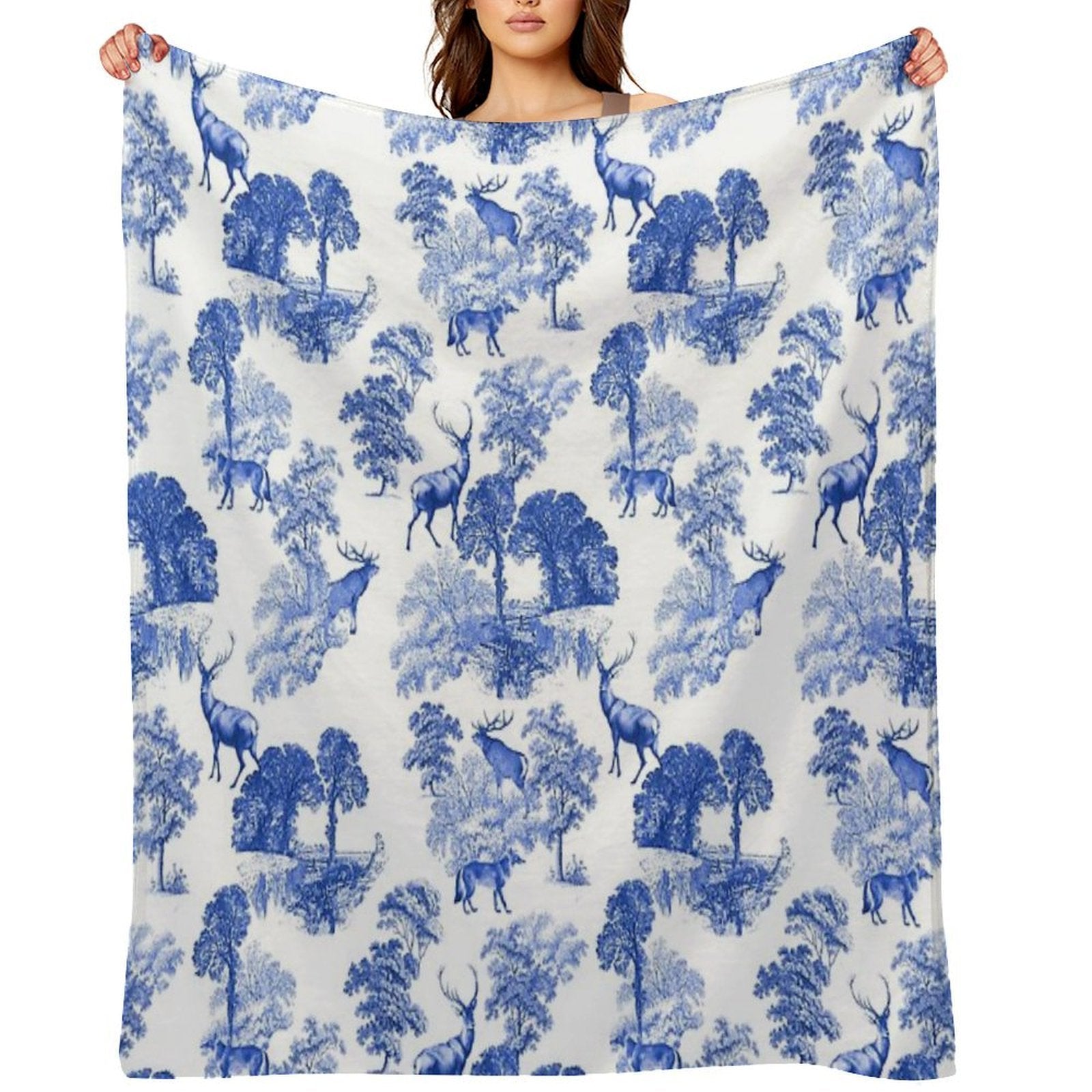 Elegant Vintage Blue Toile Deer in Woodland All-season Throw Blanket