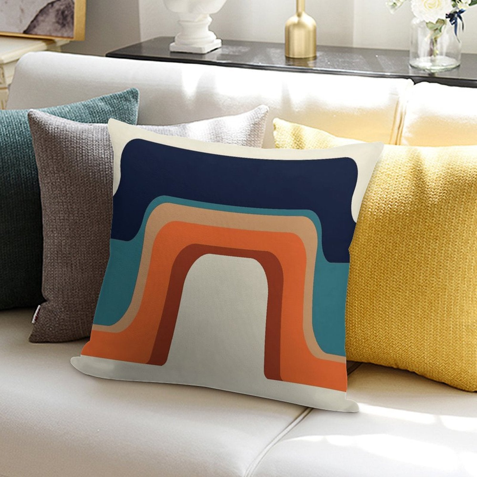 Mid-Century Modern Meets 1970s Orange And Blue Rainbow Soft High-Density Material Throw Pillow