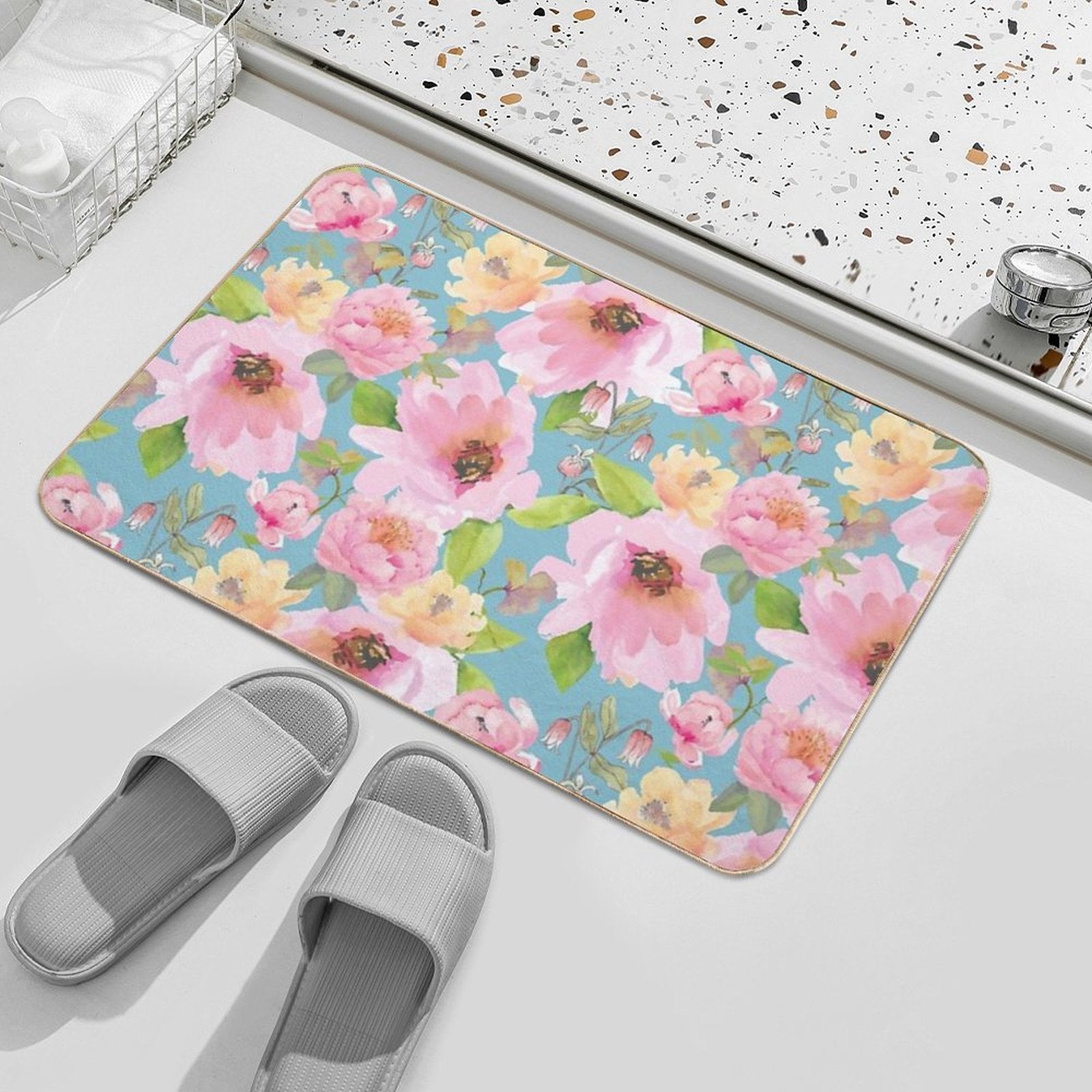 Rose And Peonies Aqua  Odorless Bath Mat