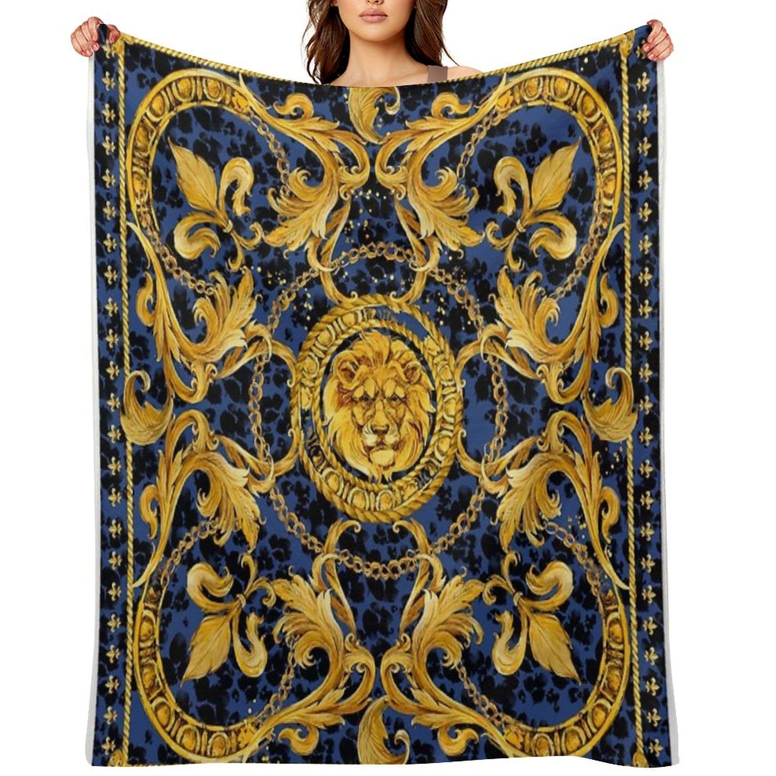 Golden Lion And Damask Ornament. Durable Throw Blanket