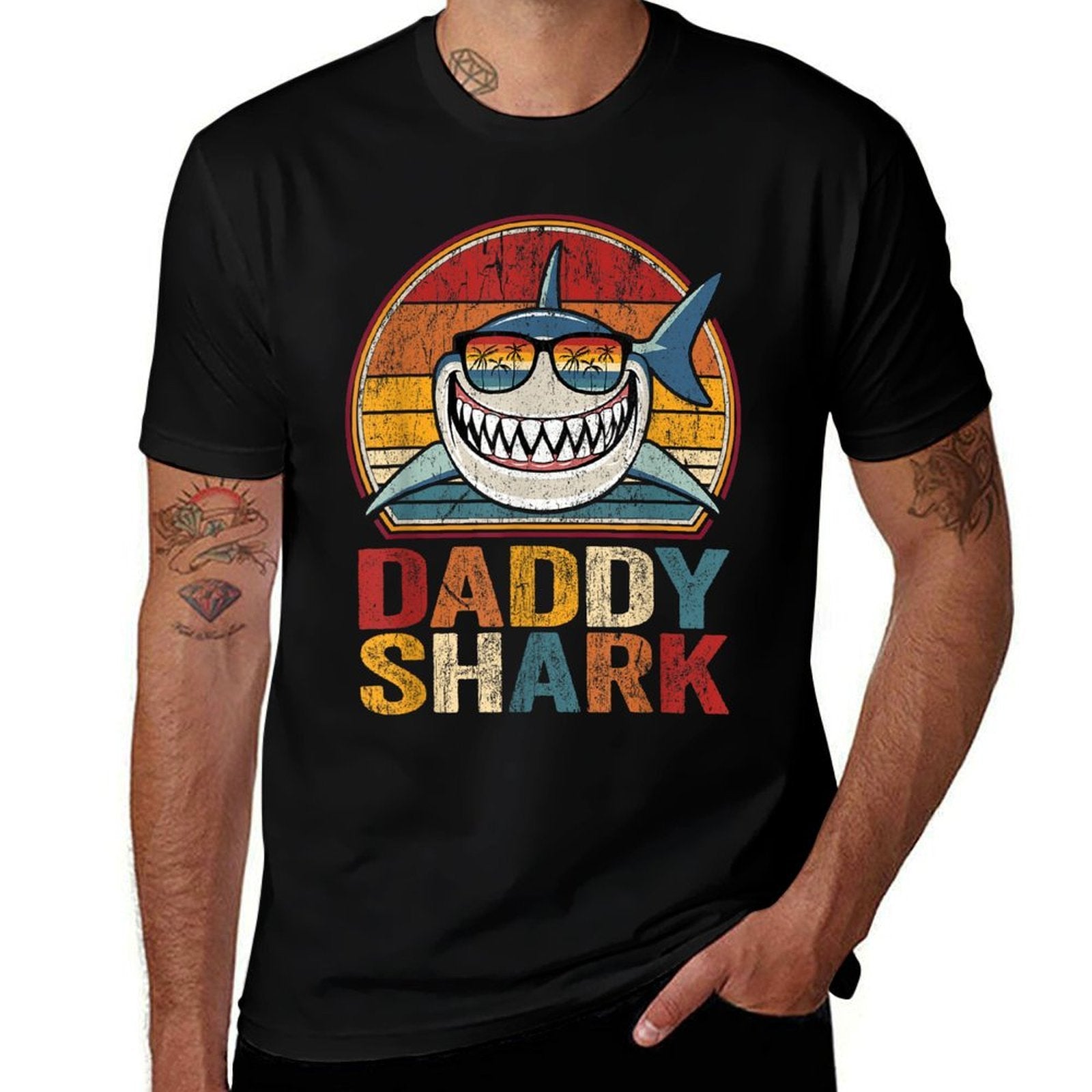 Daddy Shark Retro Shark Pajamas Gifts for Dad Dad  Ribbed Collar T-Shirt