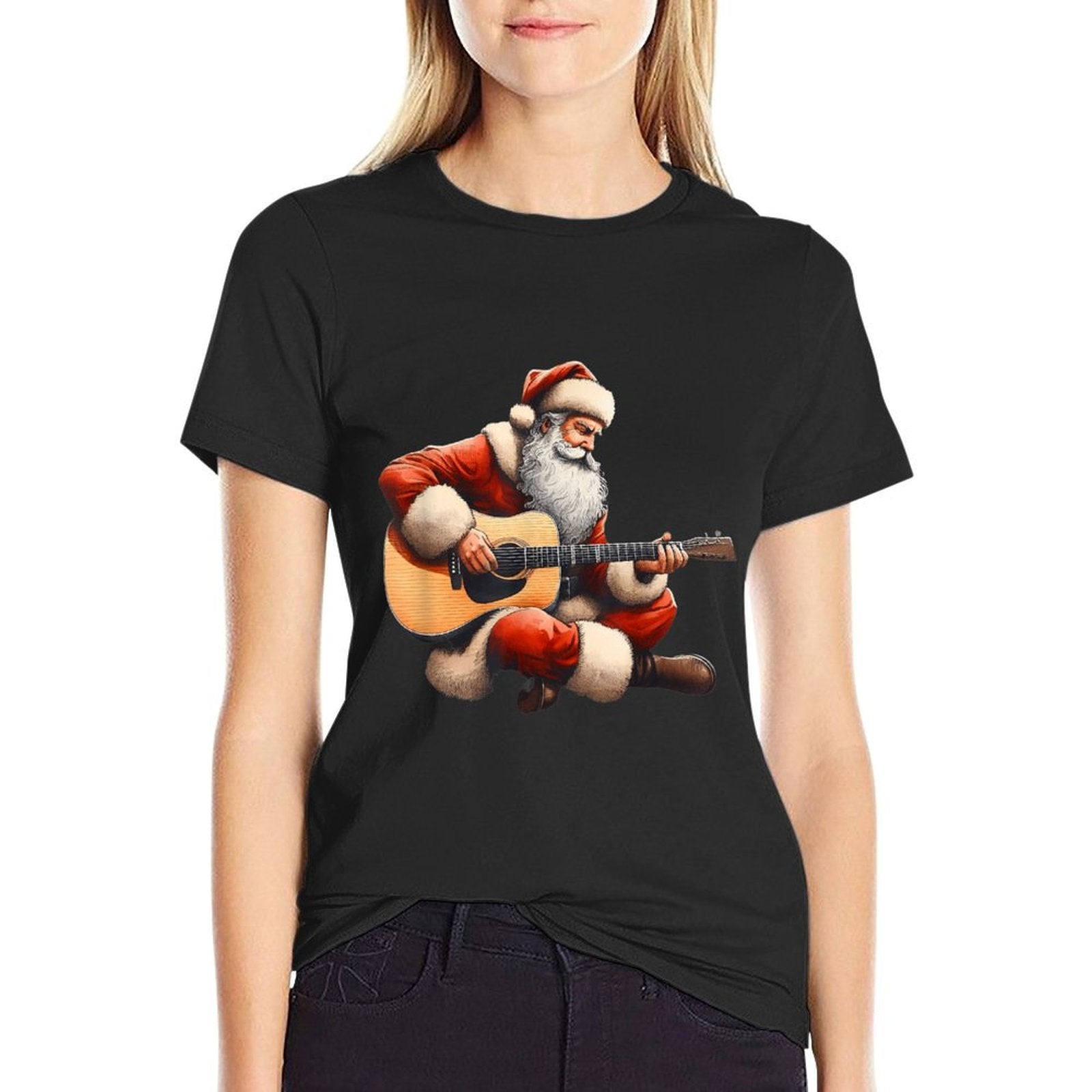 Guitarist Santa Cute Christmas Santa Playing Acoustic Guitar  Heathered Texture T-Shirt