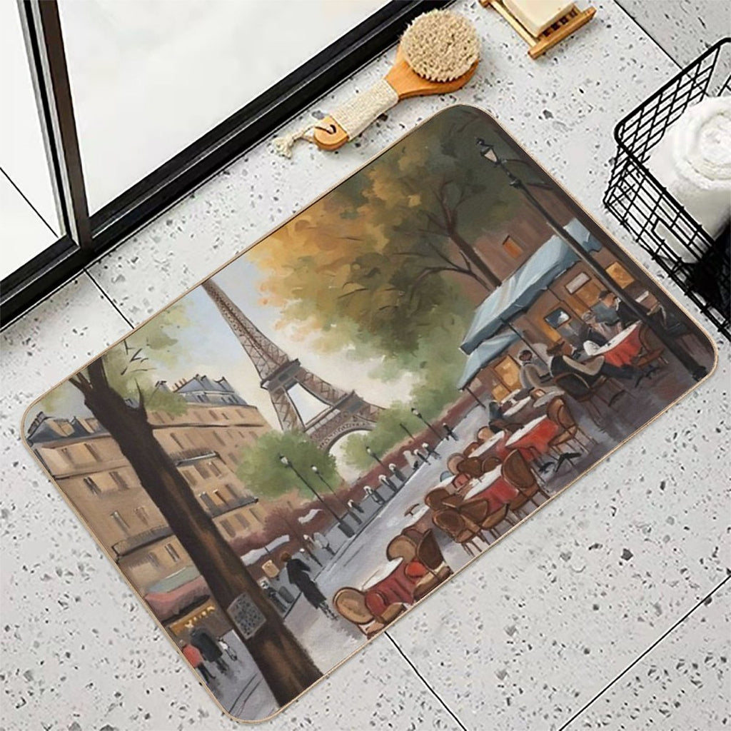 Paris Painting of Street Café And Eiffel Tower in Background  Non-Slip Bath Mat