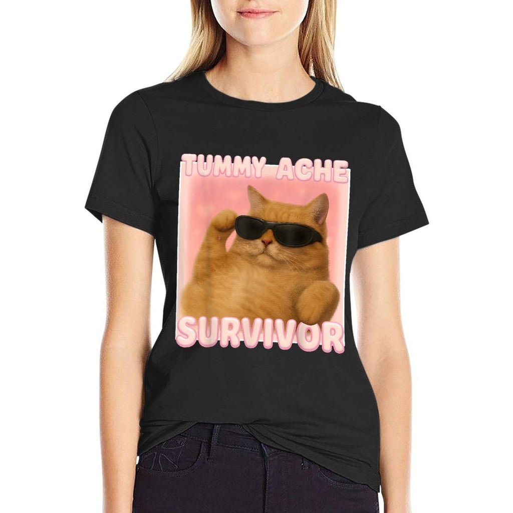 Cat Meme Tummy Ache Survivor Ironic Internet Cats Jokes  Eco-friendly Material T-Shirt