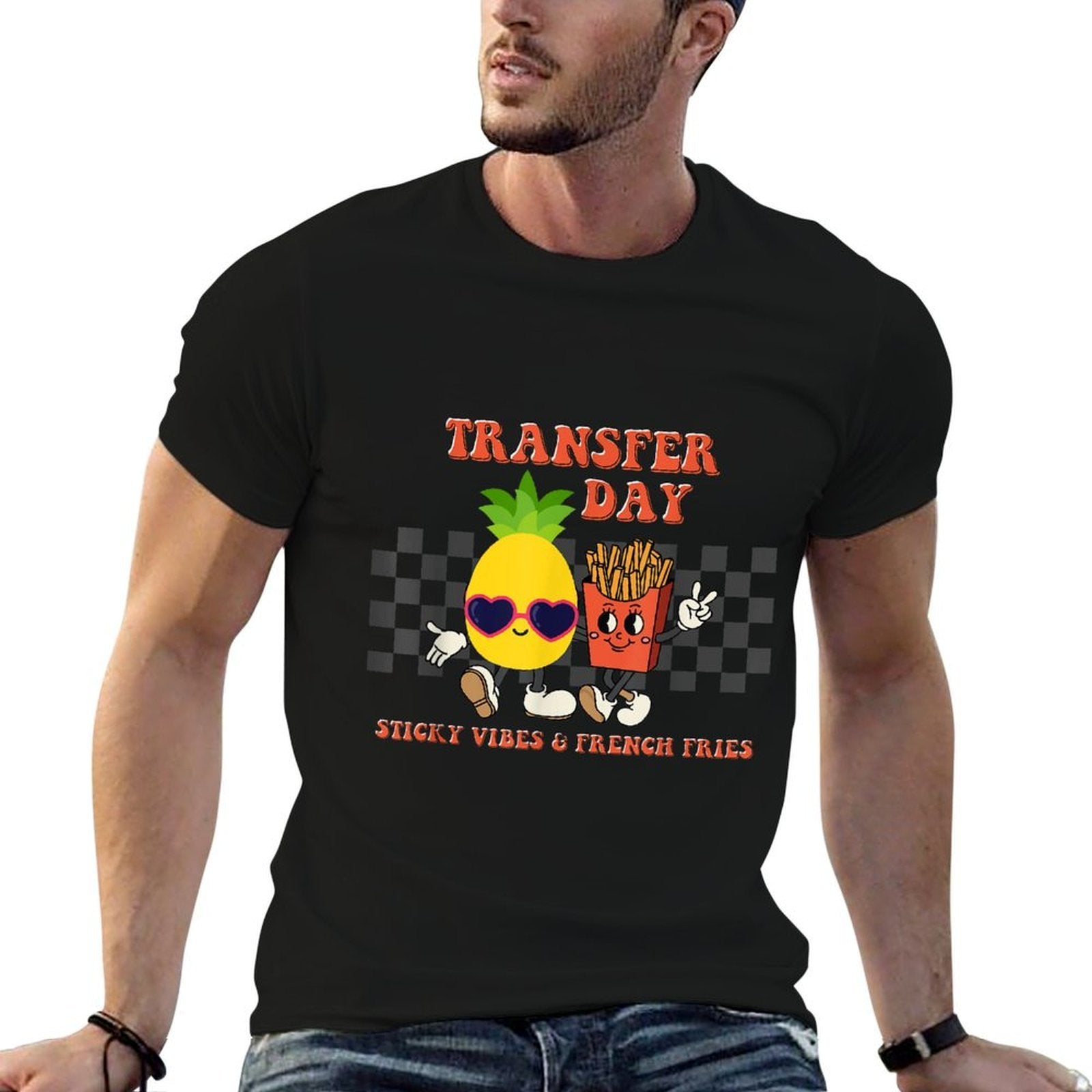 Retro Groovy Transfer Day Sticky Vibes IVF Couple Embryo  Durable T-Shirt