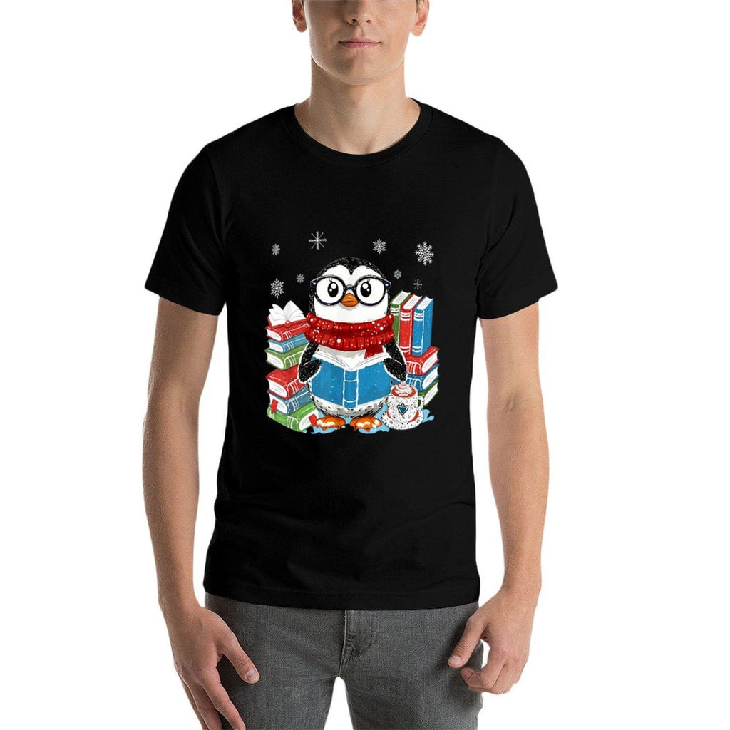 Christmas A Penguin Reading Book Snowflake Cocoa Hot Teacher  Rolled Sleeves T-Shirt