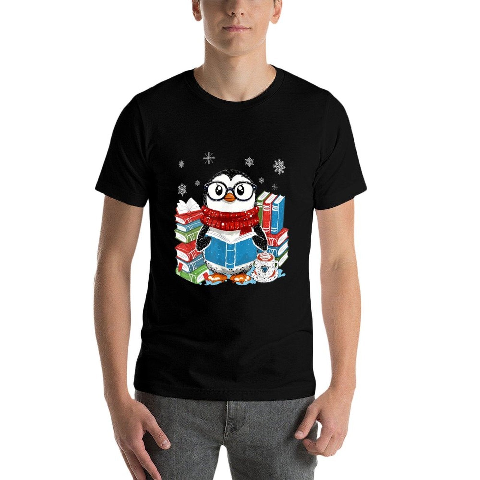 Christmas A Penguin Reading Book Snowflake Cocoa Hot Teacher  Rolled Sleeves T-Shirt