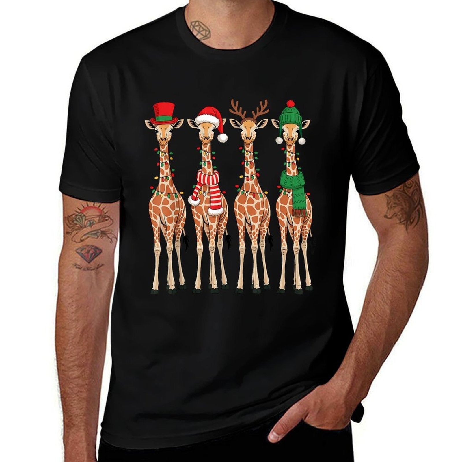 Cute Christmas Giraffes Reindeer Santa Hat Lights Holiday  Heathered Texture T-Shirt