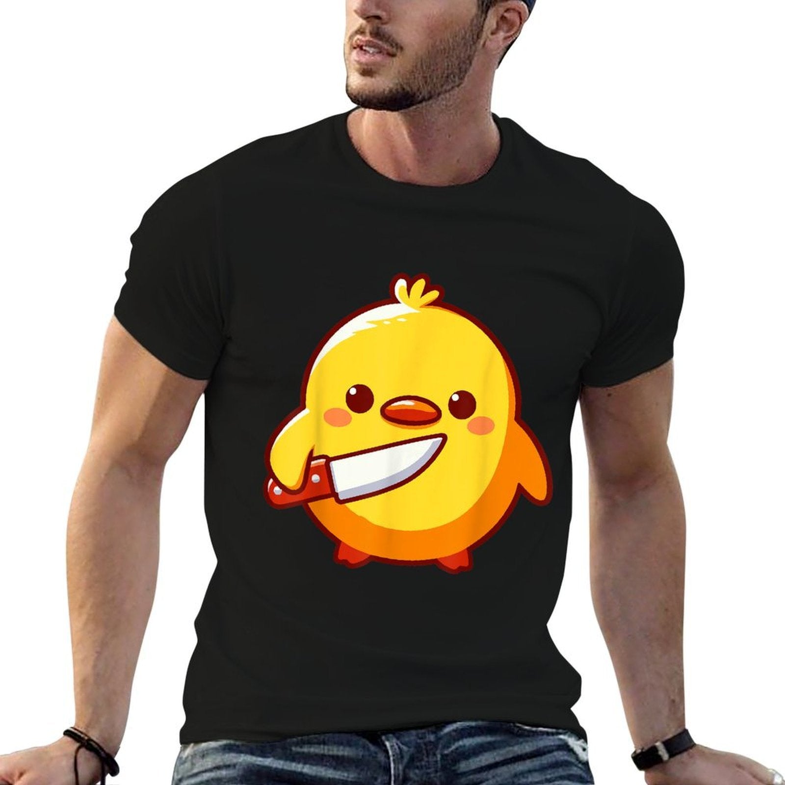 Duck with Knife Meme Chick with Knife  Rolled Sleeves T-Shirt