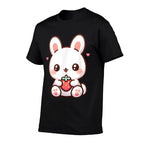 Cute Bunny Rabbit Eating Strawberry Tween Girls Graphic  Fade-proof Color T-Shirt