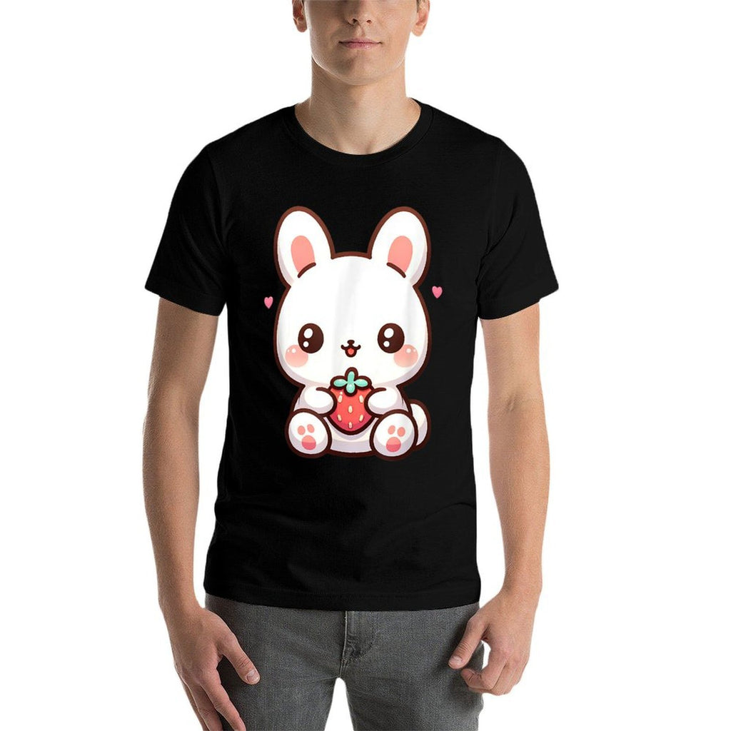 Cute Bunny Rabbit Eating Strawberry Tween Girls Graphic  Fade-proof Color T-Shirt