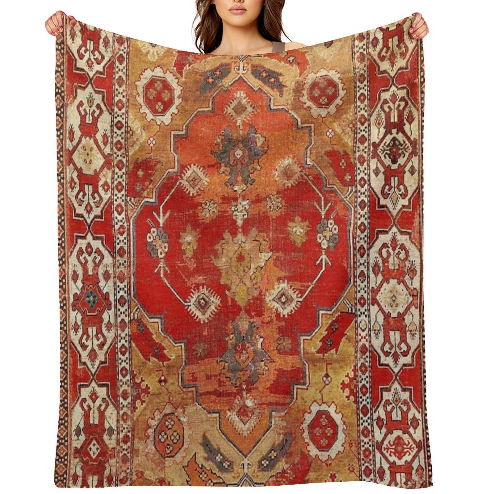 Transylvanian West Anatolian Carpet Print Plush Throw Blanket